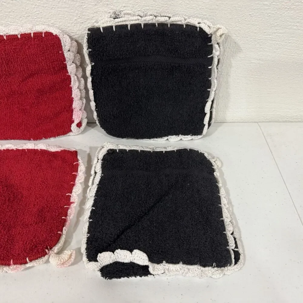 Set of 4 Red & Black Terry Cloth Pot Holders Hot Pads White Crochet Trim Kitchen